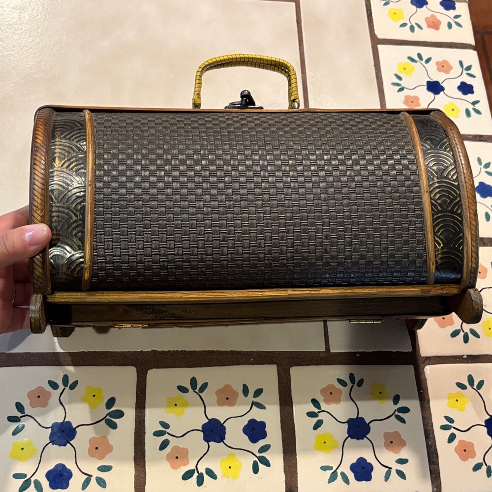 Vintage Woven Textured Barrel Handbag in Dark Brown and Gold